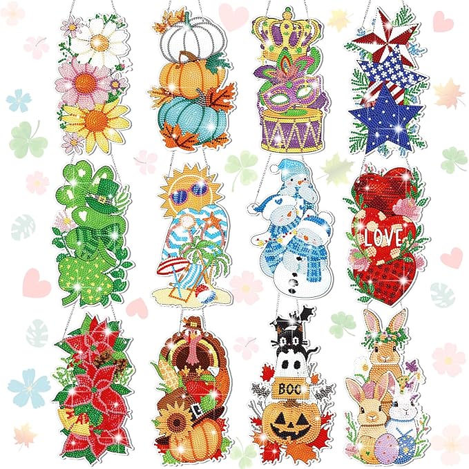 Cinnvoice 12 Pcs Seasonal Diamond Art Wreath Kits Holiday 5d DIY Diamond Art Hanging Signs Winter Spring Ornaments for Wall Door Decoration(Vertical)
