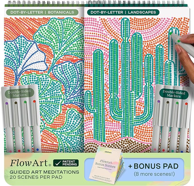 Lifelines FlowArt Activity Pads, 2-Pack & Bonus Pad - Guided Dot-by-Letter Art Meditations - 8 Double-Sided Markers & 48 Scenes - Color by Number/Letter Coloring Books for Tweens, Adults & Seniors