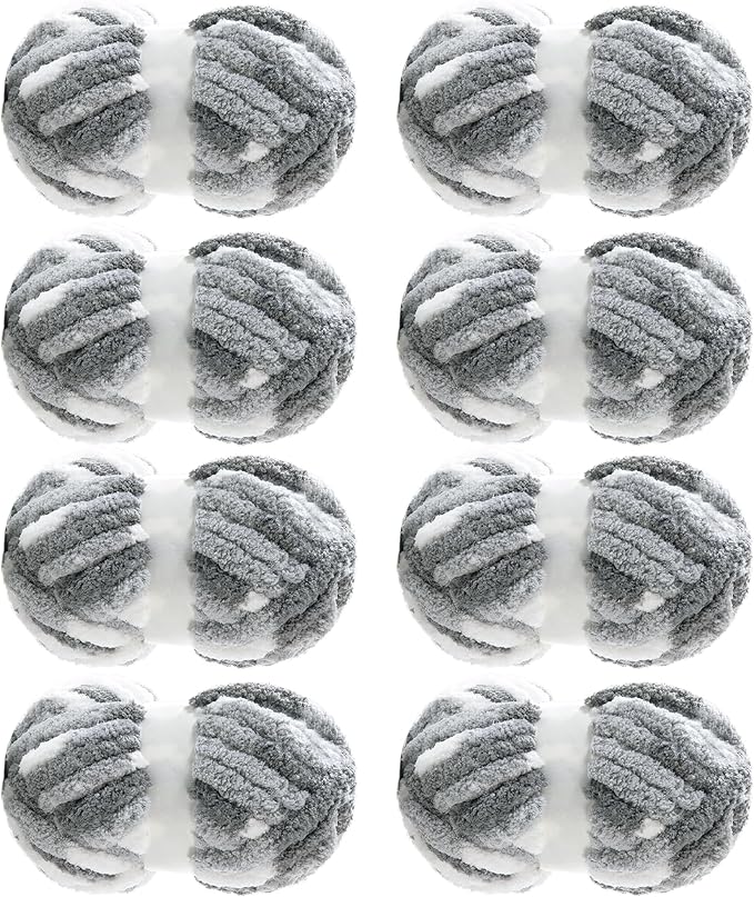 MABOZOO Tie Dye Chunky Yarn for Crocheting 8 Pack,Fluffy Jumbo Chenille Yarn,Soft Plush Yarn Bulky,Giant Thick Fuzzy Yarn for Hand Knitting or Arm Knitting,Grey (26 yds,8 oz Each Skein)
