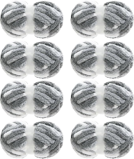 MABOZOO Tie Dye Chunky Yarn for Crocheting 8 Pack,Fluffy Jumbo Chenille Yarn,Soft Plush Yarn Bulky,Giant Thick Fuzzy Yarn for Hand Knitting or Arm Knitting,Grey (26 yds,8 oz Each Skein)