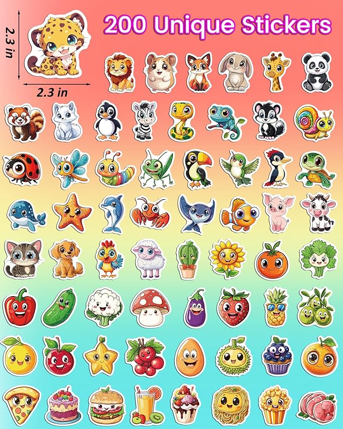 jcfire 200pcs stickers for kids, waterproof cute mixed animal food vinyl scrapbook stickers for water bottle, book, laptop, goodie bags stuffers kids party favors, classroom supplies must haves
