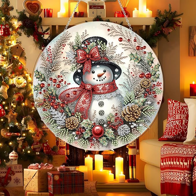 JJFox Diamond Art Hanging Kit for Adult,Special Shaped Rhinestone,Double Sided DIY Acrylic 5D Diamond Art Painting Window Pendants Home Garden Wall Hanging Kits Hanging Ornament (Christmas Snowman)