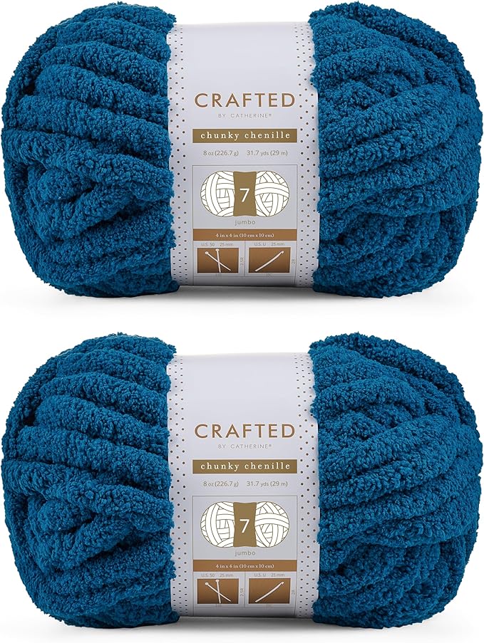 Crafted By Catherine Chunky Chenille Yarn - 2 Pack (8 oz / 227 g, 31.7 Yards Each Skein), Turquoise, Gauge 7 Jumbo