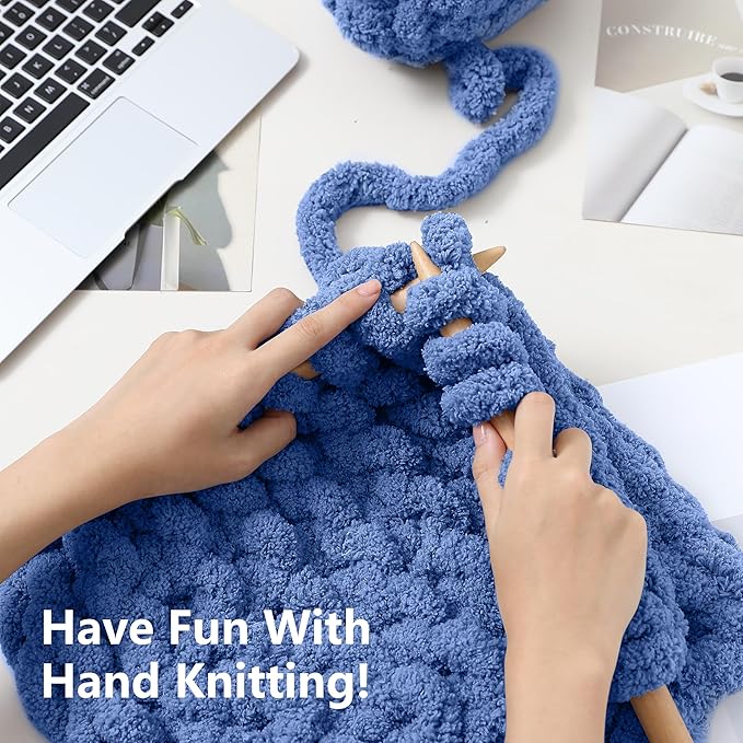 Chunky Yarn for Hand Knitting - #10 Chunky Chenille Yarn, Jumbo Big Thick Chunky Yarns for Crocheting, Super Bulky Chunky Knit Blanket Yarns, 8 Skein (25 yds 8 oz Each Skein), Country Blue