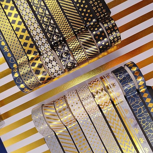 YUBBAEX 18 Rolls Black Gold Washi Tape Set Basic Patterns Foil Print Decorative Tapes for Arts, DIY Crafts, Bullet Journals, Planners, Scrapbook, Wrapping (15mm) (Black Gold Pack x 18 Rolls)