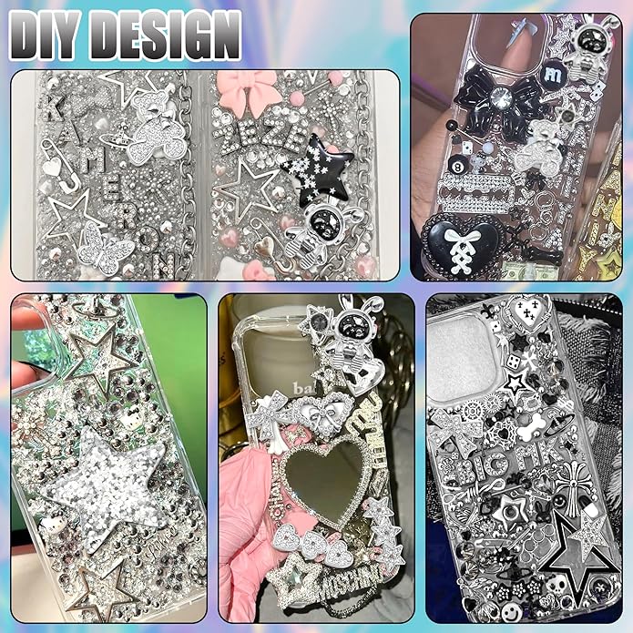 BELICEY Black Silver Junk Case Charms Kit Y2K Big Charms for Phone Junk Cases 3D Astronaut Star Bow Planet Heart Junk Phones Case Flatback Rhinestone Pearls for Customizing DIY Craft