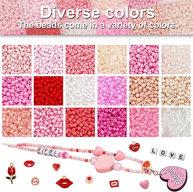 24 Grids Pink Colored Glass Seed Beads Kit for DIY Jewelry Making - Handmade Craft for Friendship Bracelet Necklace, with Heart Pendant, Letter Beads and Elastic line