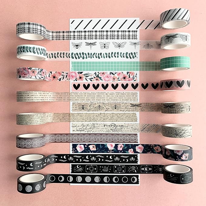 zynshe washi tape set of 16 rolls of 15 mm wide cute decorative washi tape for journaling, scrapbook, washy crafts, bullet journals, planners, diy décor, gift wrapping, craft supplies (vintage)