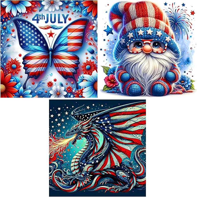 igoodom Independence Day Diamond Art Kits for Adults, 3 Pack July 4th Diamond Painting Kit, Full Drill Round Diamond Art Kits, DIY Gem Art and Crafts for Home Wall Decor Gift 14x14inch