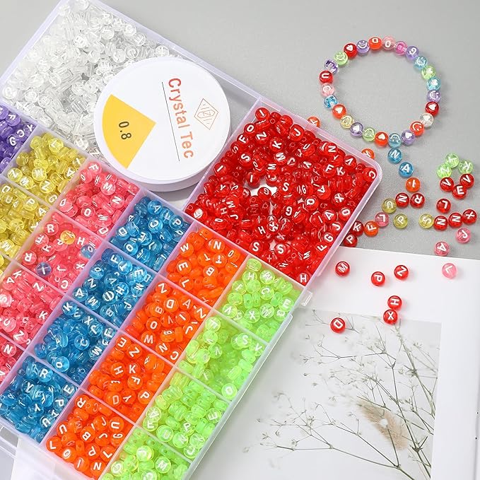 nikkiGuo 1250pcs 4x7mm White Round Acrylic Alphabet Beads A-Z Heart Beads with Numbers Crystal Line for Jewelry Bracelet, Necklace and Key Chains (Transparent Color)