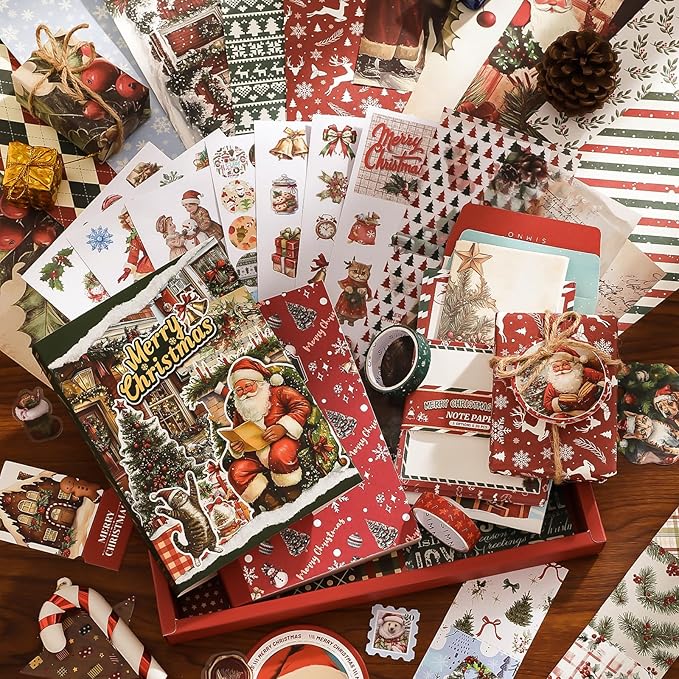 PRSTINCOL Christmas Scrapbook Kit Junk Journaling Supplies with A6 Notebook, 157 Pieces Stationery Set for DIY Gift, Teens Women - Vintage Style