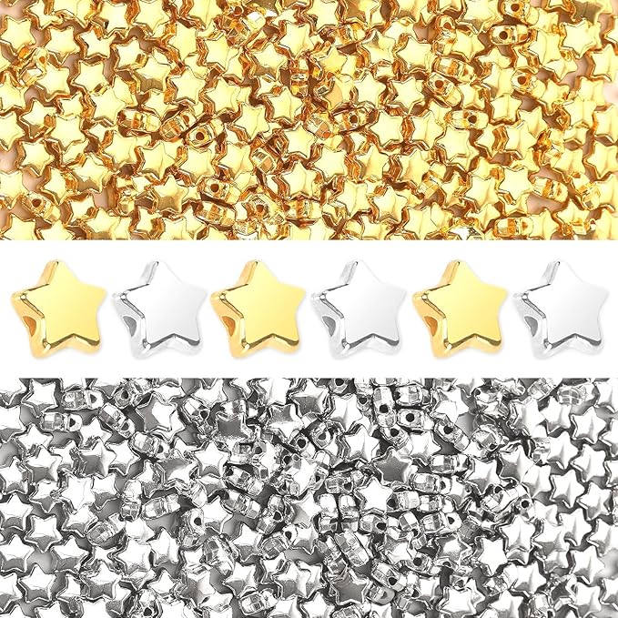 Augshy 700Pcs Star Spacer Beads - 6mm Silver & Gold for Crafts, Jewelry Making, Birthday Party, Friendship & Hair Beads