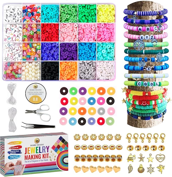 Desire Deluxe Bracelet Making Kit - Beads for Bracelets, Friendship Necklace with Charm Kit Elastic Strings - Jewelry Making Supplies for Halloween, Christmas, Birthday Gifts for Girls (6084pc)
