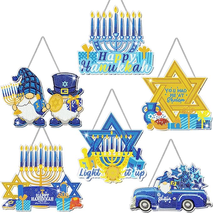 Zonon 6 Pcs Hanukkah Diamond Art Painting Hanging Sign Set Hanukkah Star Diamond Art Adults 5d DIY Craft Acrylic Pendant Ornaments Kits for Home Wall Door Window Decor