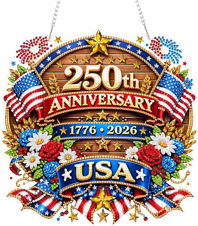 Eiflow 250th Anniversary USA Diamond Art Hanging Kit for Adults, DIY Acrylic Diamonds Painting Door Hanger Board Kit, Crystal Diamond Art Painting Pendant Ornament (4th of July Eagle)