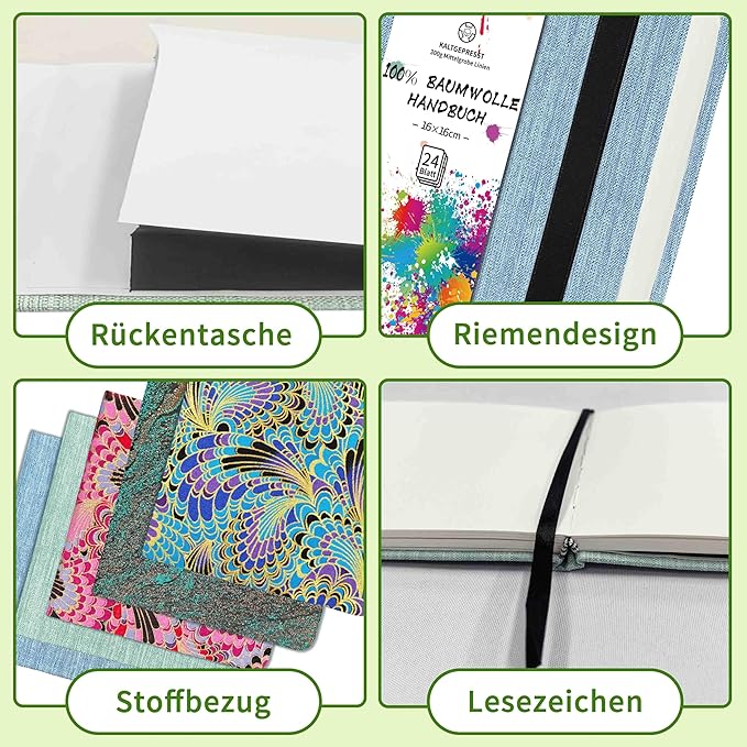 Mlife Square Watercolor Sketchbook,100% Cotton,300gsm/140lb,Acid-Free,Watercolor Journal for Artists Adults Students,6.5 * 6.5 Inch(Blue Feather)
