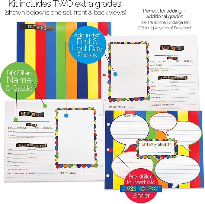 Denise Albright School Memory Scrapbook Refill Extra Pages Kits (Two Grades) for First & Last Day of School for Class Keeper® Memory Keepsake Book for Girls and Boys