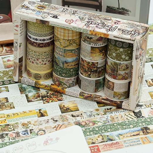Vintage Washi Tape Set - 24 Rolls Arts Adhesive Tapes Assorted Retro Decorative Masking Tape Sets for Craft, Kids, Scrapbook, DIY, Gift Wrapping (10-Countryside Charm)