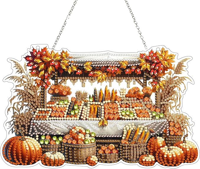 JJFox Diamond Art Hanging Kit for Adult,Special Shaped Rhinestone,Double Sided 5D DIY Acrylic Diamond Art Painting Window Pendants Home Garden Wall Hanging Kits Hanging Ornament (Autumn Harvest)