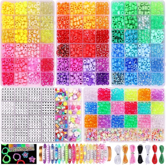 4000 Pcs Pony Beads for Bracelet Making Kit, 90 Colors 5 Boxes Rave Kandi Beads Glow in the dark, Friendship Kandi Bracelet kit with UV Color Changing, Chrome& Alphabet Letters for Jewelry DIY Crafts