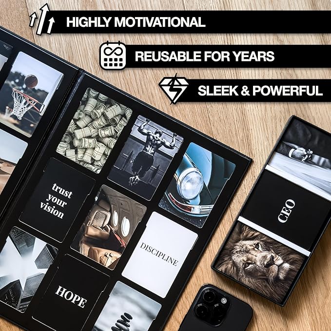 Vision Board Kit for Men - 168 Cards with Diverse Pictures & Quotes, Black Foldable Board & Complete Guide Book | Manifestation Clip Art Collage Supplies for Male Adults | No Old Magazines Needed