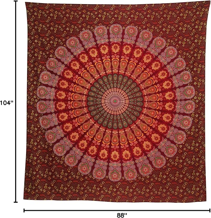bless international handmade indian hippie bohemian psychedelic peacock mandala wall hanging college dorm beach throws table cloth bedding tapestry (maroon yellow, king(88x104inches)(225x265cms))