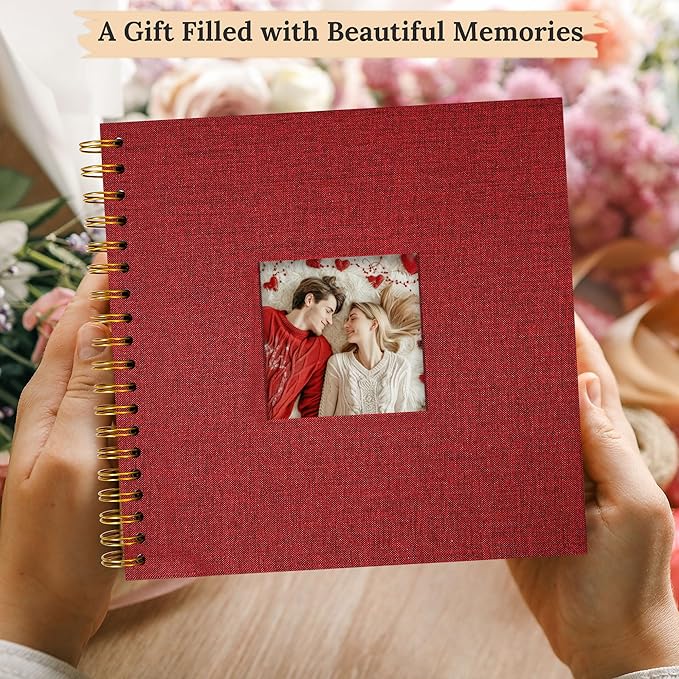 Scrapbook Photo Album Linen Cover, 10 x 10 Inch Hardcover Kraft White Pages Memory Book, for Travel Wedding Guest Book Christmas Baby Shower (40 Sheets/ 80 Pages,Red)