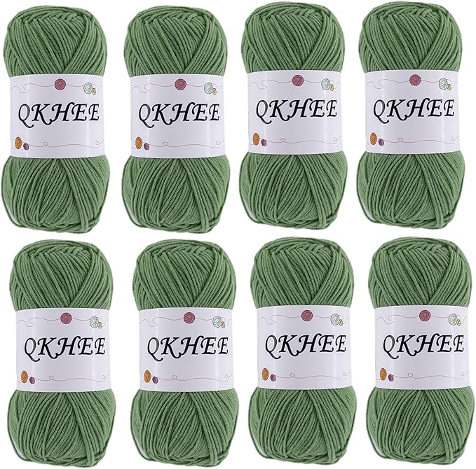 QKHEEYarn for Crocheting and Knitting 8 * 1.76 Oz (50G) /195yd,Fine/Fingering Weight (1), 60% Cotton 40% Acrylic Soft Yarn kit for Making Granny Squares and amigurumi (Grass Green)
