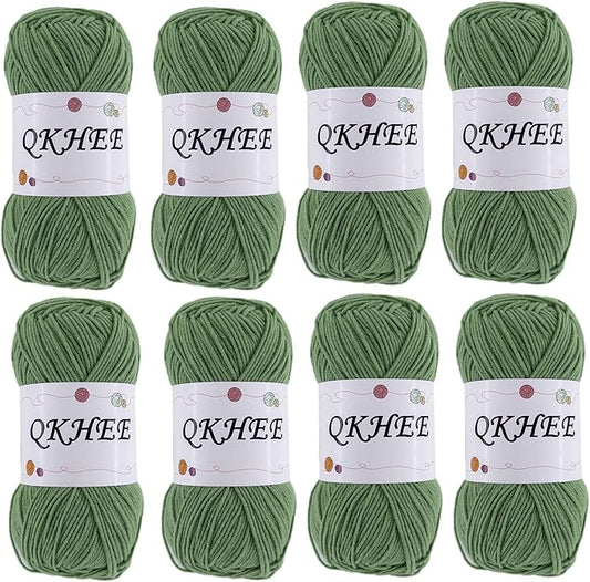 QKHEEYarn for Crocheting and Knitting 8 * 1.76 Oz (50G) /195yd,Fine/Fingering Weight (1), 60% Cotton 40% Acrylic Soft Yarn kit for Making Granny Squares and amigurumi (Grass Green)