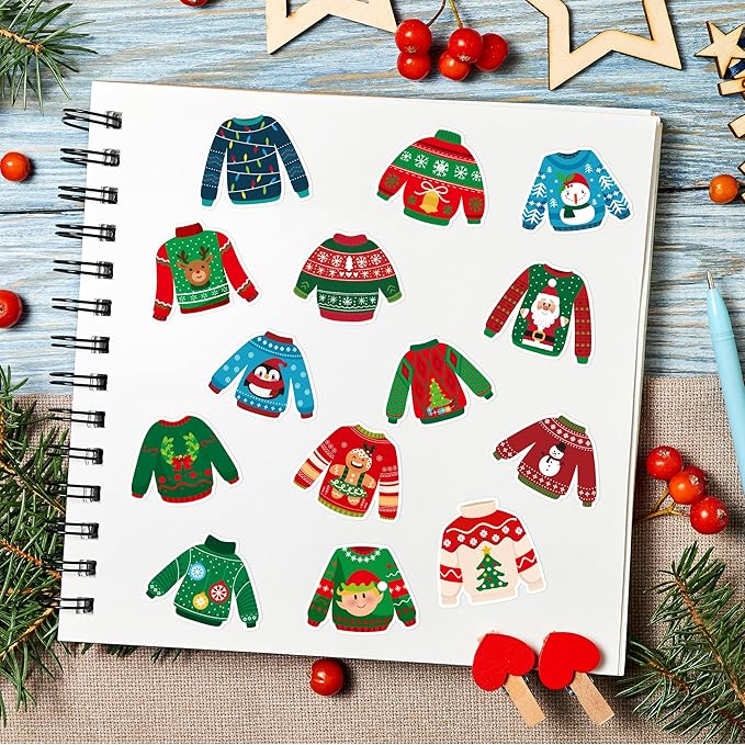 beyumi christmas sweater shaped sticker - 1000pcs christmas sweaters stickers in 2 rolls winter adhesive cute funny wintertime pullover sweater decal holiday party favor tag gift bottle decor for kids