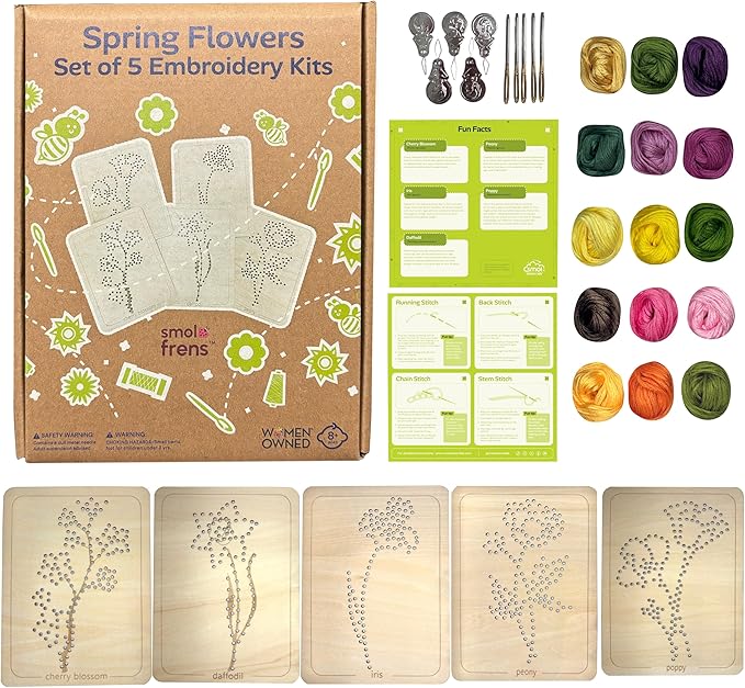 Wooden Flower Lacing Embroidery Kits for Beginners, Set of 5 Learn-to-Stitch Craft Boards, Sewing & Embroidery Art Kits for Kids Ages 8+, DIY Craft Projects, Educational Gifts, Party Favors (Spring)