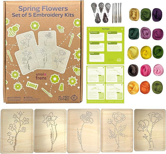 Wooden Flower Lacing Embroidery Kits for Beginners, Set of 5 Learn-to-Stitch Craft Boards, Sewing & Embroidery Art Kits for Kids Ages 8+, DIY Craft Projects, Educational Gifts, Party Favors (Spring)