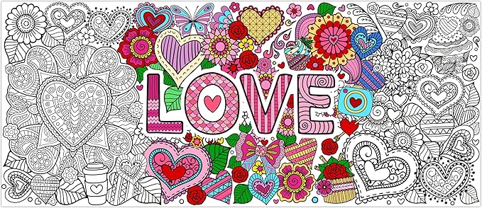 dvbonike jumbo love mandala coloring poster - valentine’s day heart flower diy drawing color-in paper blank art banner 55.1 x 23.6 inch wall decor, home classroom activity for kids party supplies