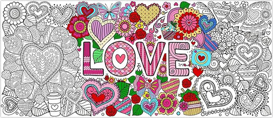 dvbonike jumbo love mandala coloring poster - valentine’s day heart flower diy drawing color-in paper blank art banner 55.1 x 23.6 inch wall decor, home classroom activity for kids party supplies