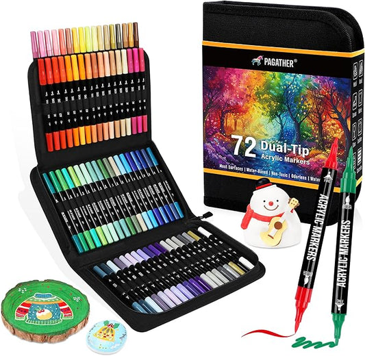 pagather 72 colors acrylic paint markers, dual tip with fine tip and brush tip pens for stone, wood, calligraphy, canvas, ceramic, metal, glass, rock painting, diy crafts art supplies kit