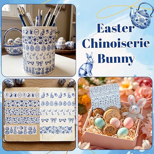Chinoiserie Bunny Washi Tape - 12 Rolls Blue White Easter Chinese Inspired Rabbit Scrapbook Washi Masking Art Decorative Adhesive Tape Set School DIY Craft Scrapbooking Junk Journal Supplies