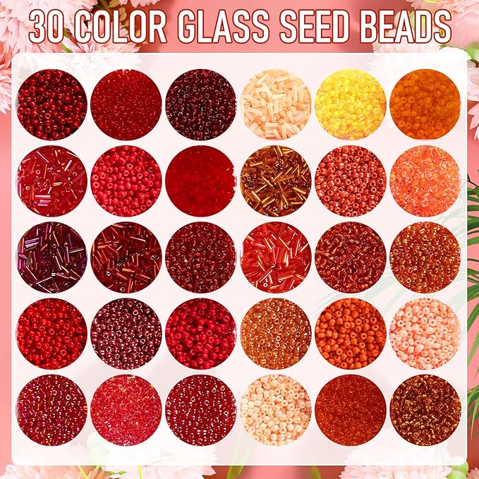 Misdary 30 Colors Glass Seed and Tube Bugle Beads Kit 2 Organizer Boxes Loose Beads for Jewelry Making DIY Crafts Bracelets and Necklaces(Red and Orange)