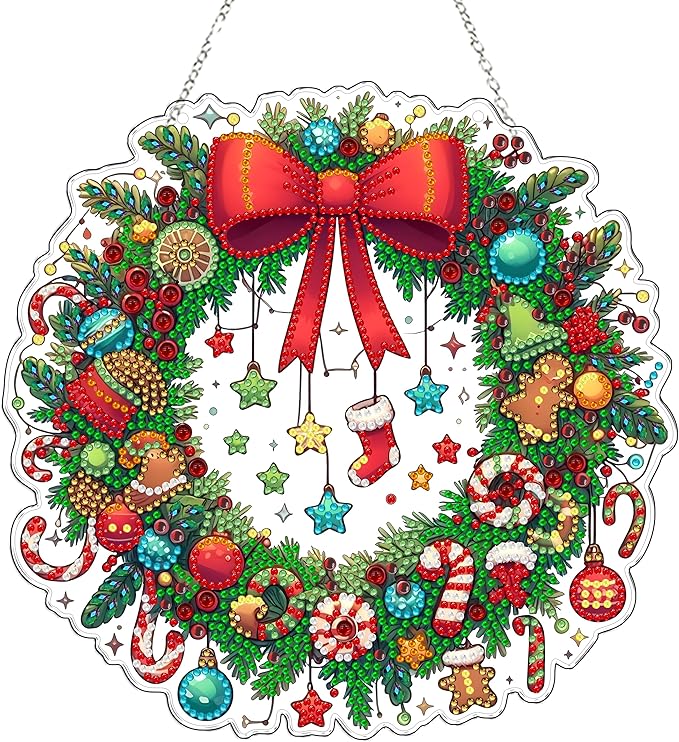 JJFox Diamond Art Hanging Kit for Adult,Special Shaped Rhinestone,Double Sided 5D DIY Acrylic Diamond Art Painting Window Pendants Home Garden Wall Hanging Kits Hanging Ornament (Christmas Wreath-2)