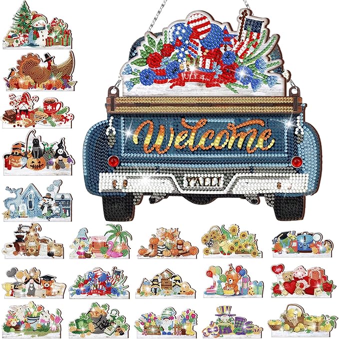 Burbell 21 Pcs Interchangeable Diamond Painting Welcome Sign for Easter Front Door Diamond Painting Truck Decor Interchangeable Seasonal Welcome Sign for DIY Wall Window Farmhouse