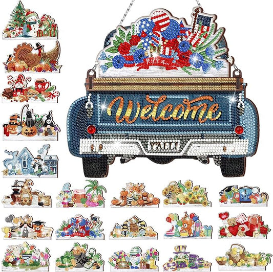 Burbell 21 Pcs Interchangeable Diamond Painting Welcome Sign for Easter Front Door Diamond Painting Truck Decor Interchangeable Seasonal Welcome Sign for DIY Wall Window Farmhouse