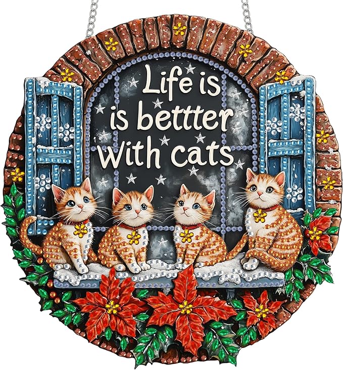 Reofrey Hanging Diamond Art Kits for Adults - 8x8 Inch Christmas Cat Acrylic Board Double Sided Pattern Diamond Art Suncatcher Pendant, DIY Crystal Art for Home Wall or Window Decoration Handmade Gift