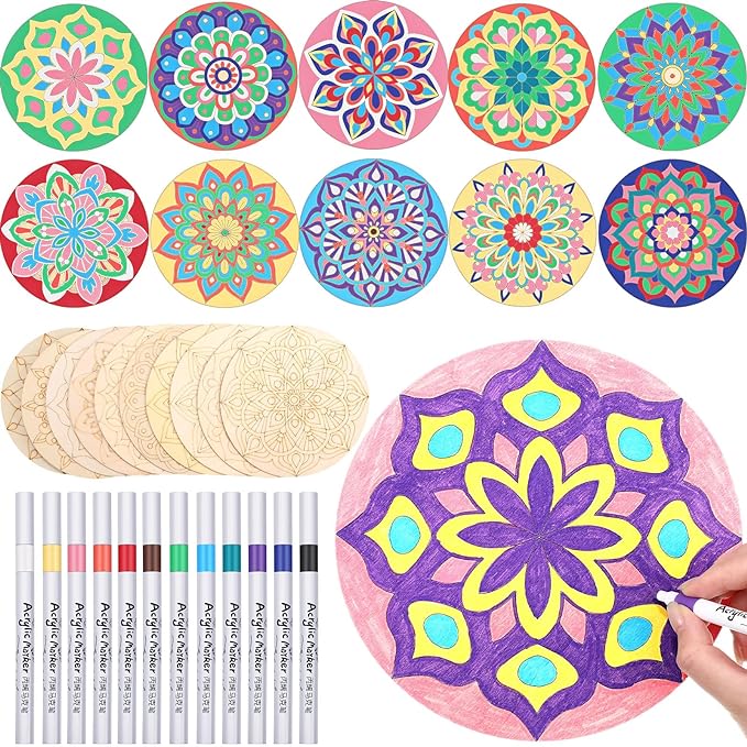 22 Pcs Wooden Mandala Painting Set 10 Mandala Unfinished Wood Cutouts with 12 Markers for Crafts Diwali Craft Wood Slices for Adults Painting DIY Tags Wedding Home Decors(Stylish Style)
