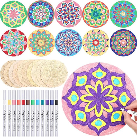 22 Pcs Wooden Mandala Painting Set 10 Mandala Unfinished Wood Cutouts with 12 Markers for Crafts Diwali Craft Wood Slices for Adults Painting DIY Tags Wedding Home Decors(Stylish Style)