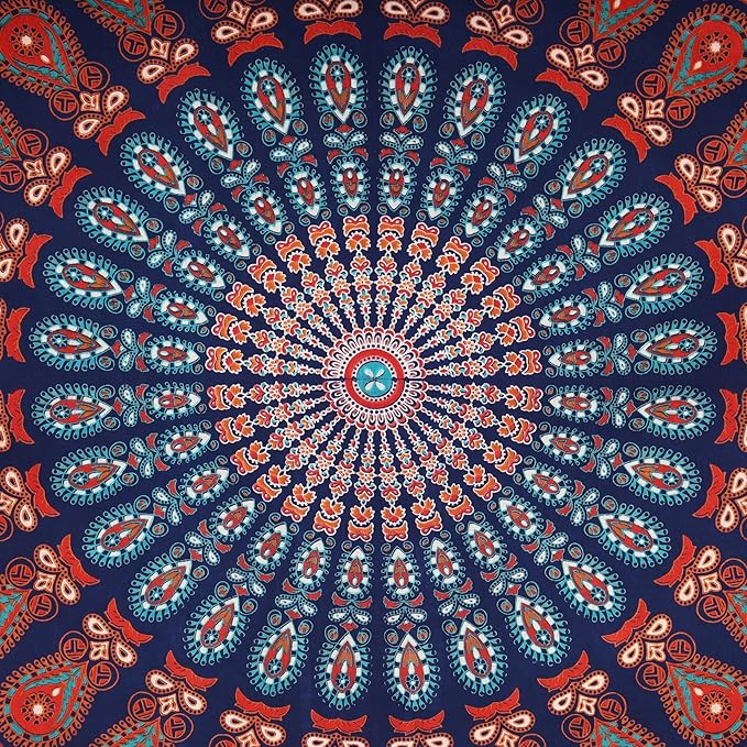 bless international handmade indian hippie bohemian psychedelic peacock mandala wall hanging college dorm beach throws table cloth bedding tapestry (golden blue white, king(88x104inches)(225x265cms))