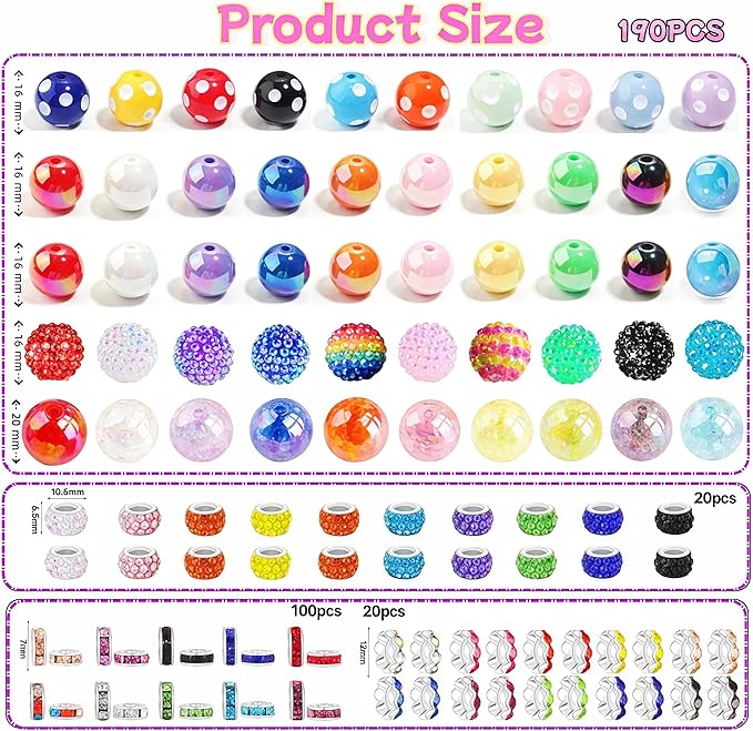 190 Pcs Beads for Keychains Pens Making, Included 16/20mm Acrylic Bubblegum Rondelle Beads for Pen, Jewelry, Bracelets, Keychain DIY Beadable Pens Making Kit Supplies
