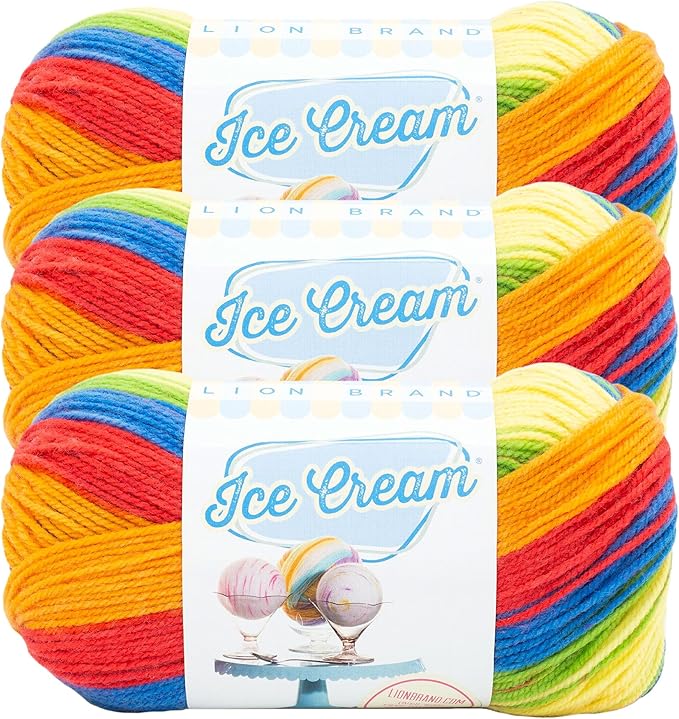 Lion Brand Yarn, Ice Cream Baby Yarn for Knitting, Crochet, and Crafts, Hokey Pokey, 3 Pack, DK Weight Colorful Acrylic Fiber for Baby Blankets, Hats, and Sweaters