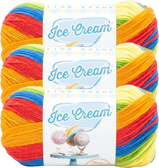 Lion Brand Yarn, Ice Cream Baby Yarn for Knitting, Crochet, and Crafts, Hokey Pokey, 3 Pack, DK Weight Colorful Acrylic Fiber for Baby Blankets, Hats, and Sweaters