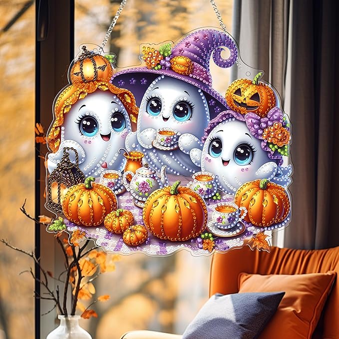 JJFox Diamond Art Hanging Kit for Adult,Special Shaped Rhinestone,Double Sided 5D DIY Acrylic Diamond Art Painting Window Pendants Home Garden Wall Hanging Kits Hanging Ornament (Halloween Ghost)