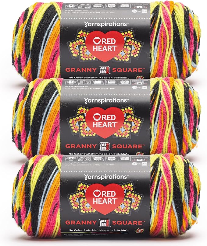 Red Heart All in One Granny Square Black Spicy Lime Yarn - 3 Pack of 250 g / 8.8 oz - 100% Acrylic - #4 Worsted (Medium) - 440 Yards - Knitting/Crochet