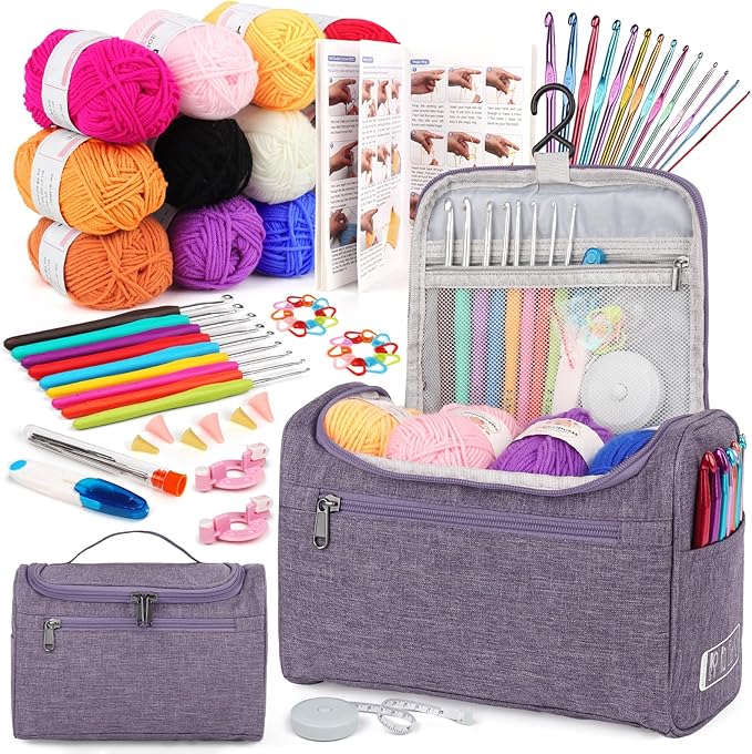 Aeelike Crochet Kit for Beginners Young and Old, First Crochet Kit for Adults Include 23pcs Crocheting Hooks, 655 Yards Yarn Set, Instruction, Bag, Crocheting Accessories and Supplies, Purple